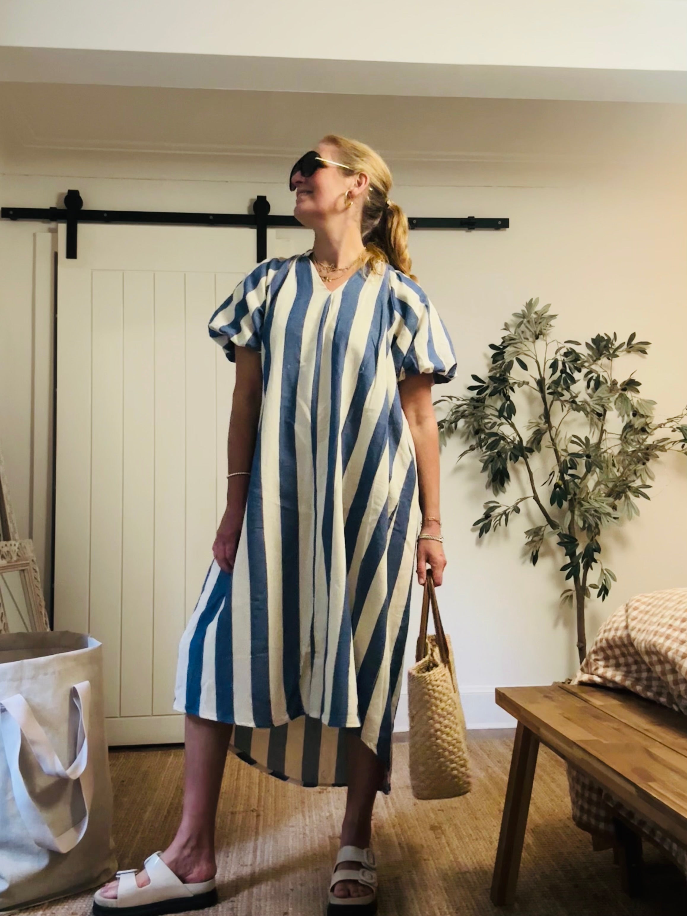 Big Blue and White Striped 100% Cotton Dress (One Size)