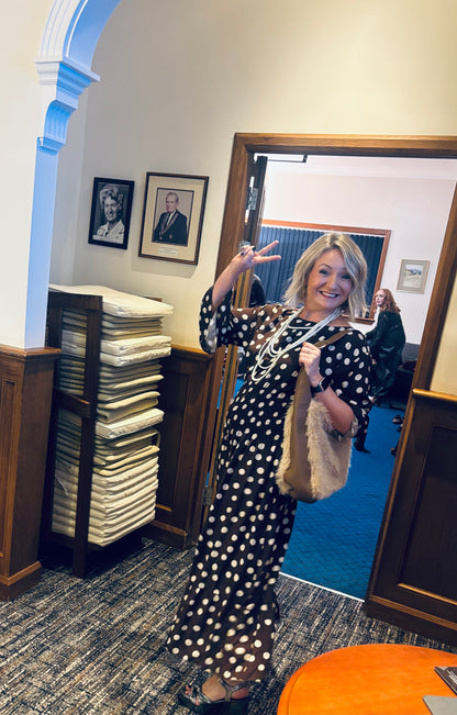 Polka Dot Shirred Waist Dress in Chocolate Brown (ONE SIZE