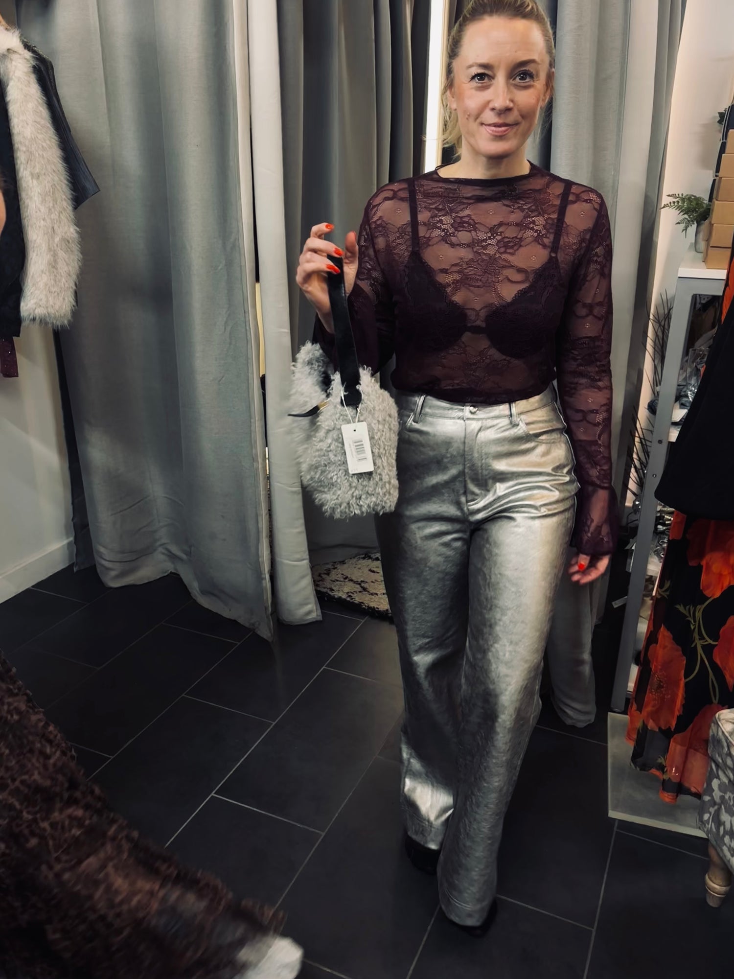 FRNCH Cristalle Faux Leather Trouser in Silver Argente