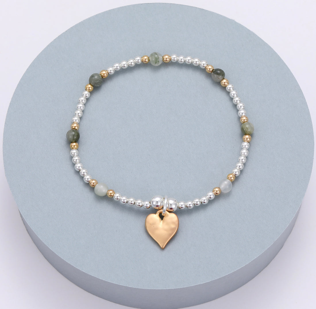 Beaded Bracelet with Heart Charm Silver
