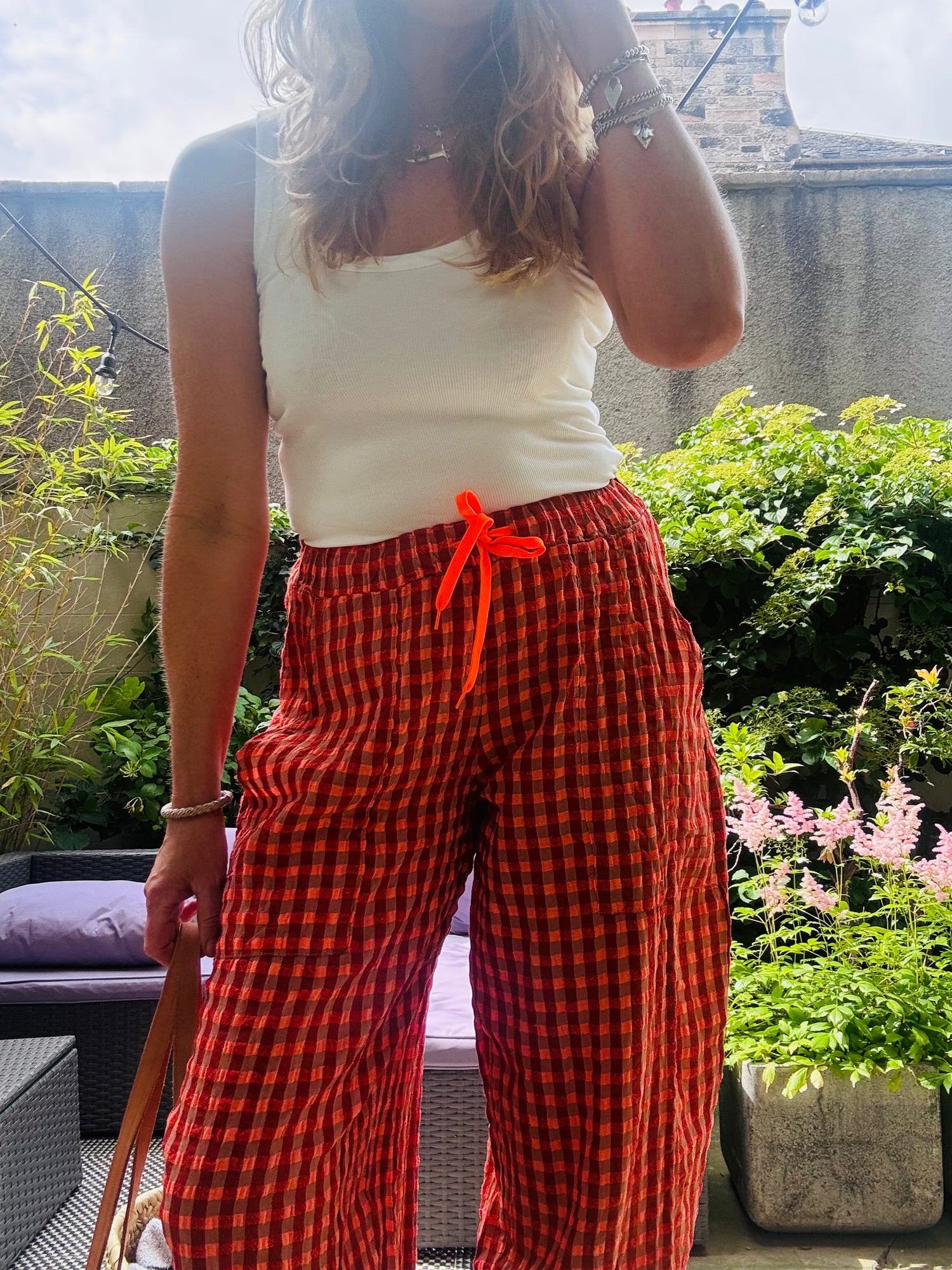 GINGHAM SEERSUCKER BALLOON TROUSERS in Orange County