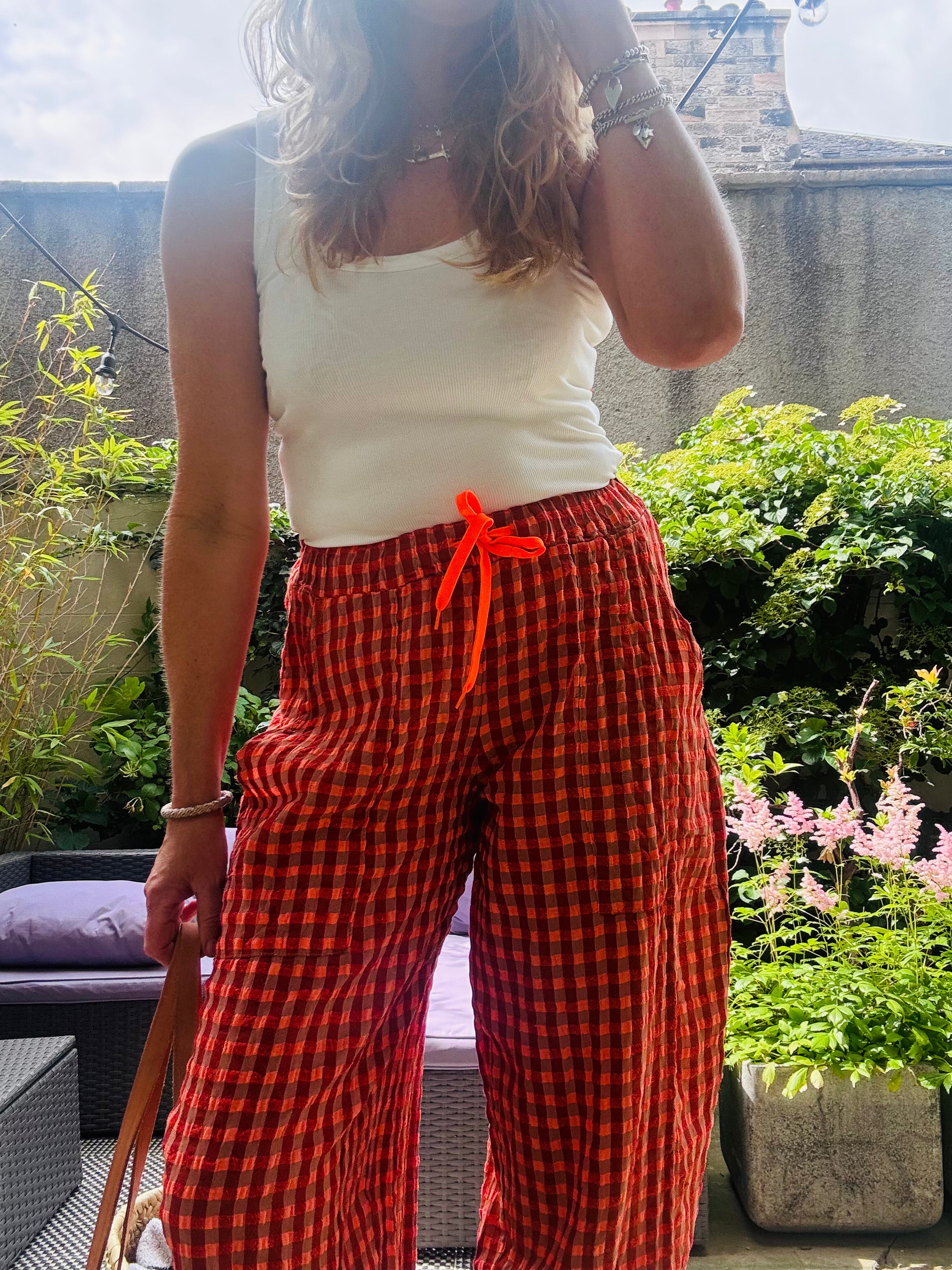 GINGHAM SEERSUCKER BALLOON TROUSERS in Orange County