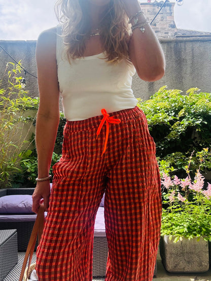 GINGHAM SEERSUCKER BALLOON TROUSERS in Orange County
