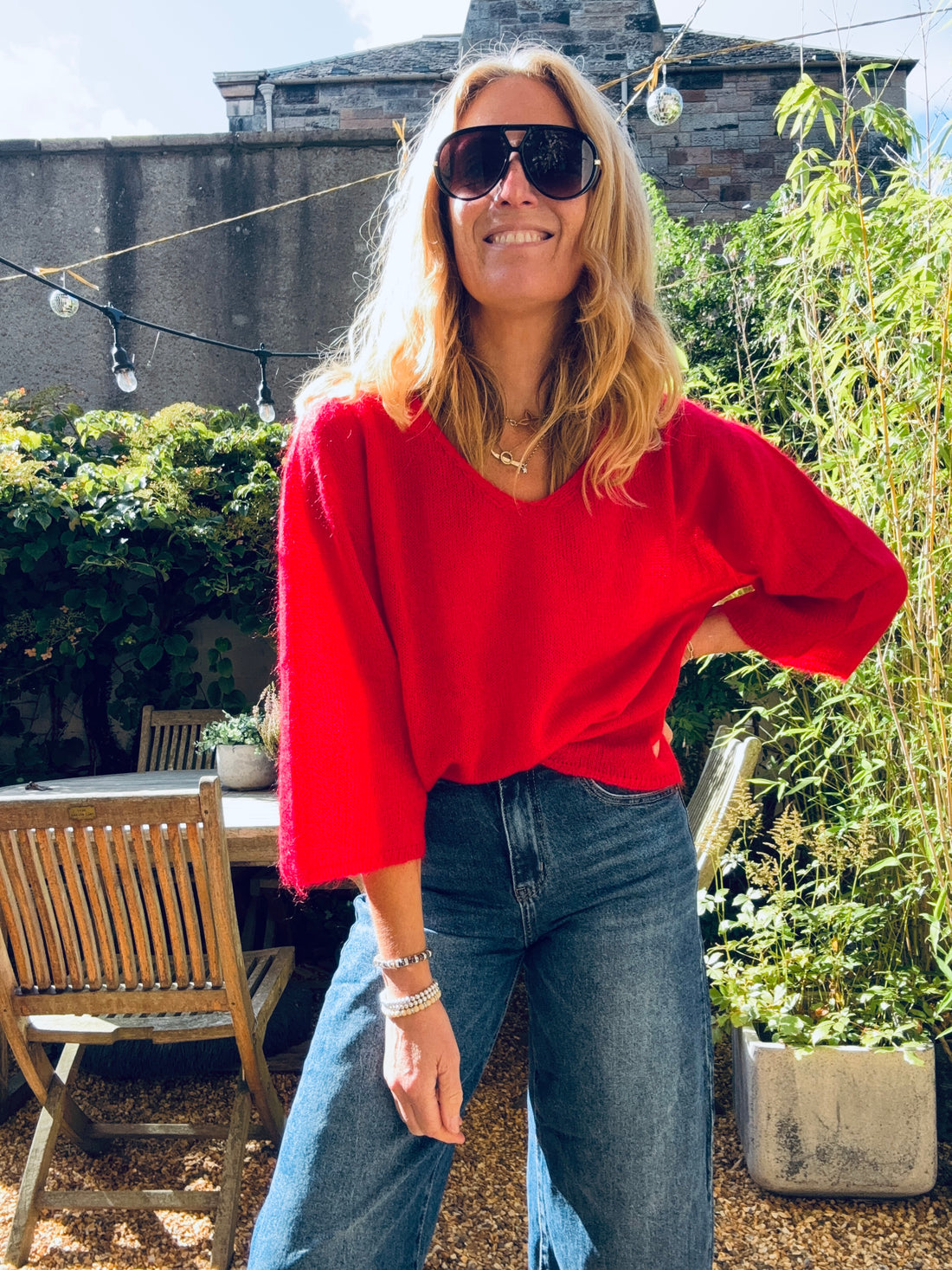 Berry Red V Neck Fine Knit - one size