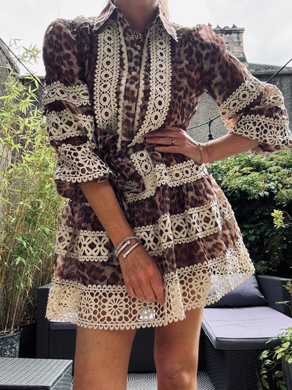 Olivia Leopard Print Belted Dress with Lace Trim (One Size)