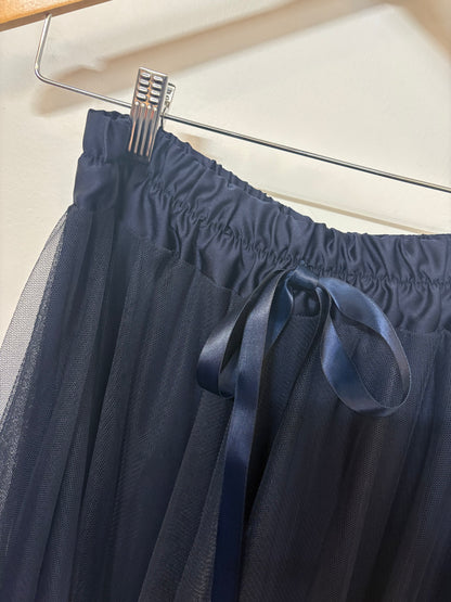 Satin Waistband Tulle Skirt in Navy (ONE SIZE)