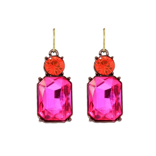 Twin Gem Crystal Drop Earrings in Antique Gold with Pink and Orange