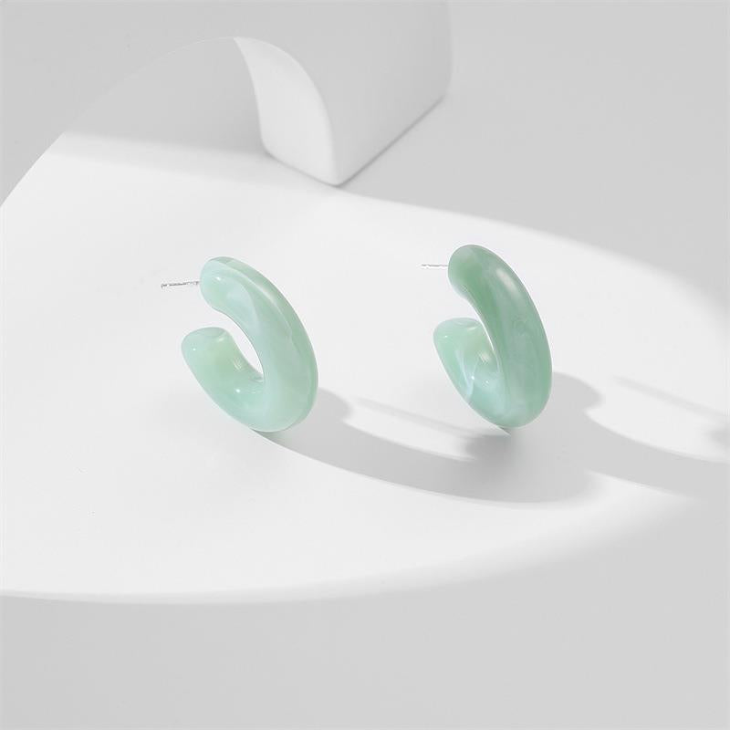 Cubic Chunky Resin Hoop Earrings - Green Marble