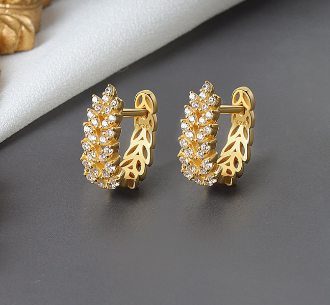 Fine Crystal Leaf Huggie Hoop Earrings in Gold