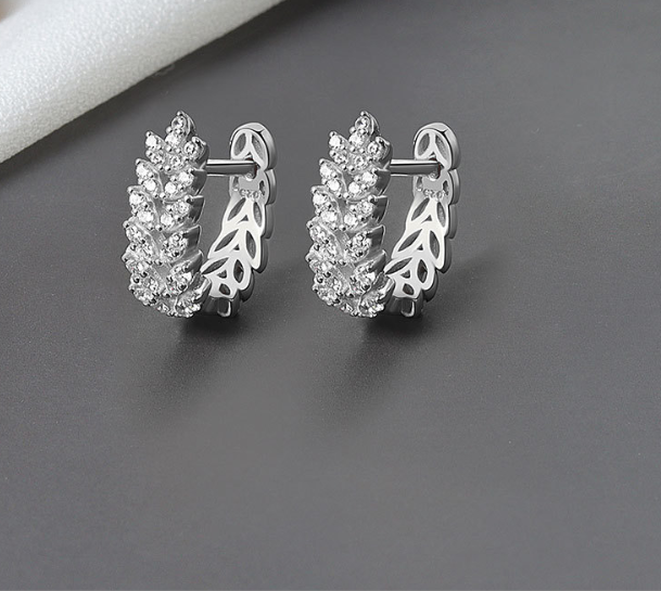 Fine Crystal Leaf Huggie Hoop Earrings in Silver