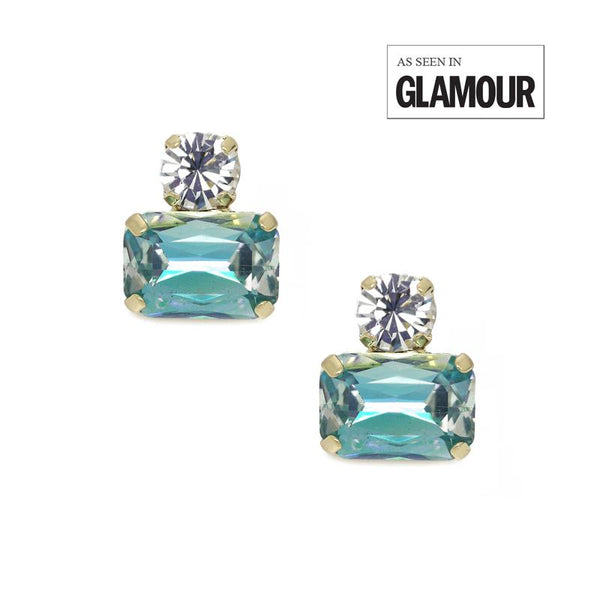 Twin Gem Crystal Earrings in Gold with Aquamarine