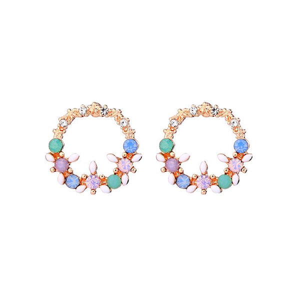 White Leaf Crystal Circle Flower Earring in Rose Gold