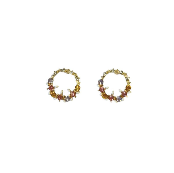 White Leaf Crystal Circle Flower Earring in Gold