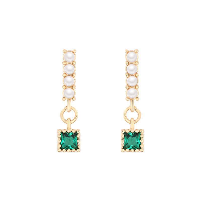Lila Pearl Bar Earrings with Emerald Gem