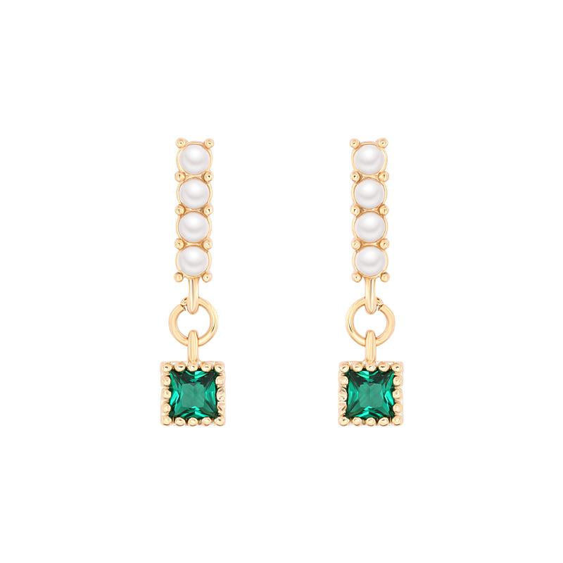 Pearl Bar Earrings with Emerald Gem