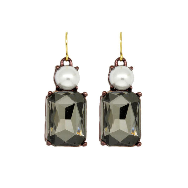 Twin Gem Crystal Drop Earrings in Antique Gold with Slate Grey and Pearl