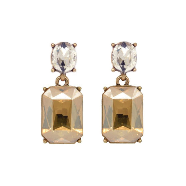 Twin Gem Crystal Earrings in Antique Gold with Amber and Clear