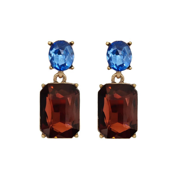 Twin Gem Crystal Earrings in Antique Gold In Burgundy and Blue