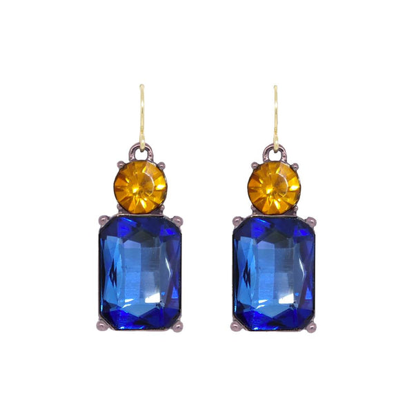 Twin Gem Crystal Drop Earrings in Antique Gold In Amber and Blue