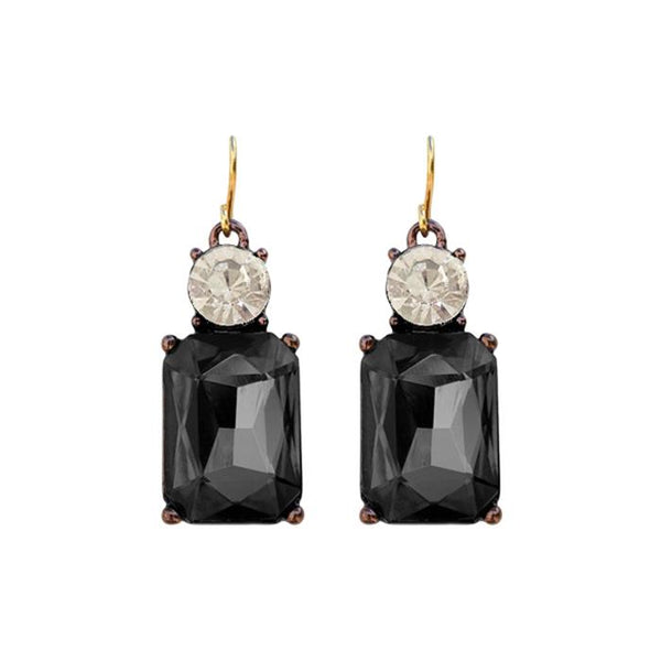 Twin Gem Crystal Drop Earrings in Antique Gold with Black and Clear