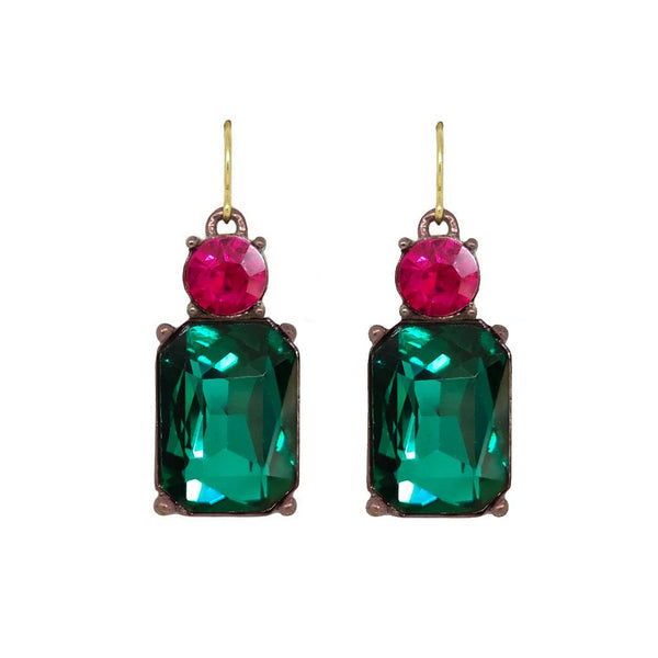 Twin Gem Crystal Drop Earrings in Antique Gold with Fuschia and Emerald
