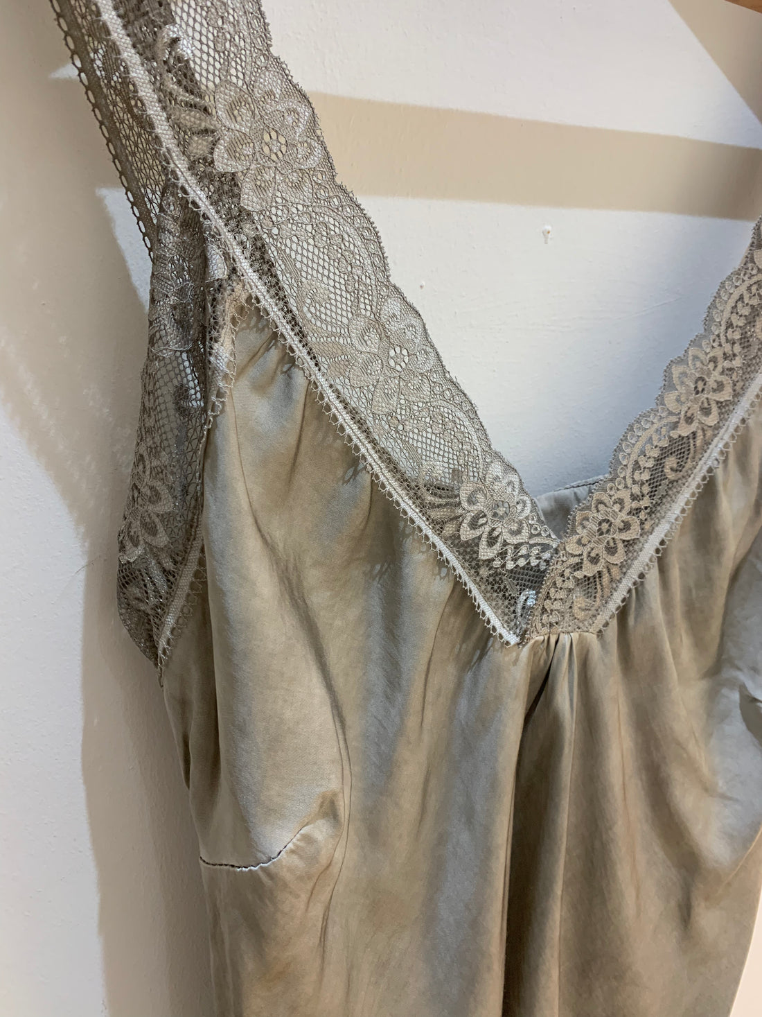 Noor Silk Viscose Longline Vest Top With Lace Neckline In Gray