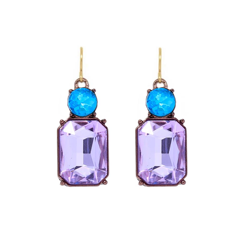 Twin Gem Crystal Drop Earrings in Antique Gold In Lilac And Turquoise