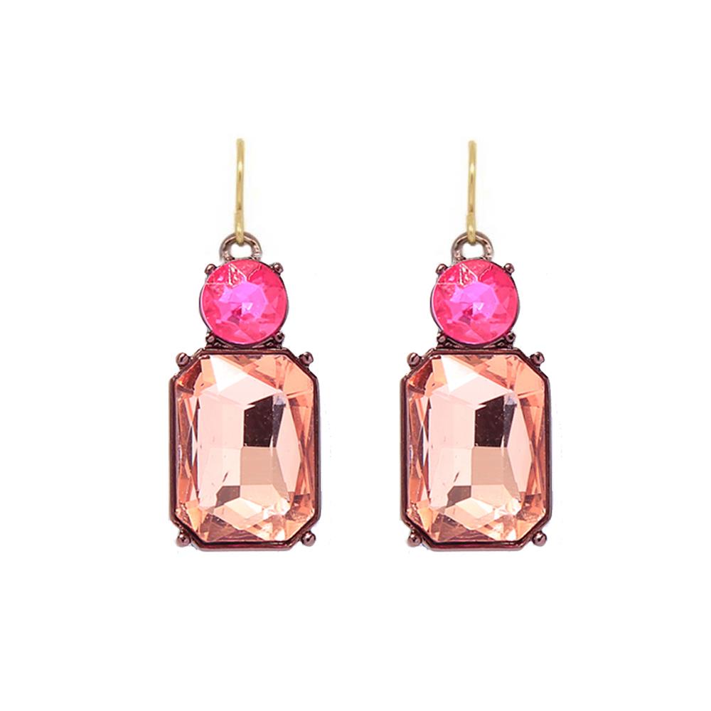 Twin Gem Crystal Drop Earrings In Orange And Pink