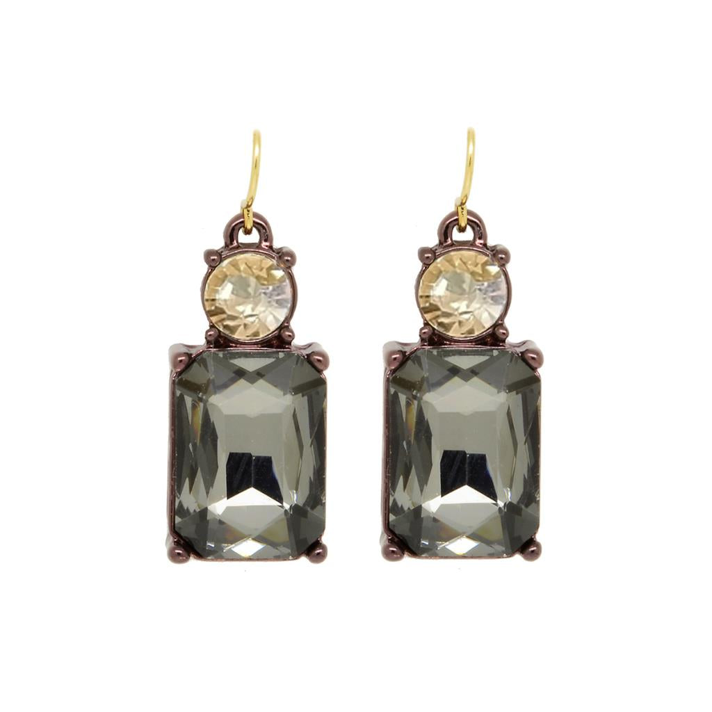 Twin Gem Crystal Drop Earrings in Antique Gold In Skate Grey With Amber