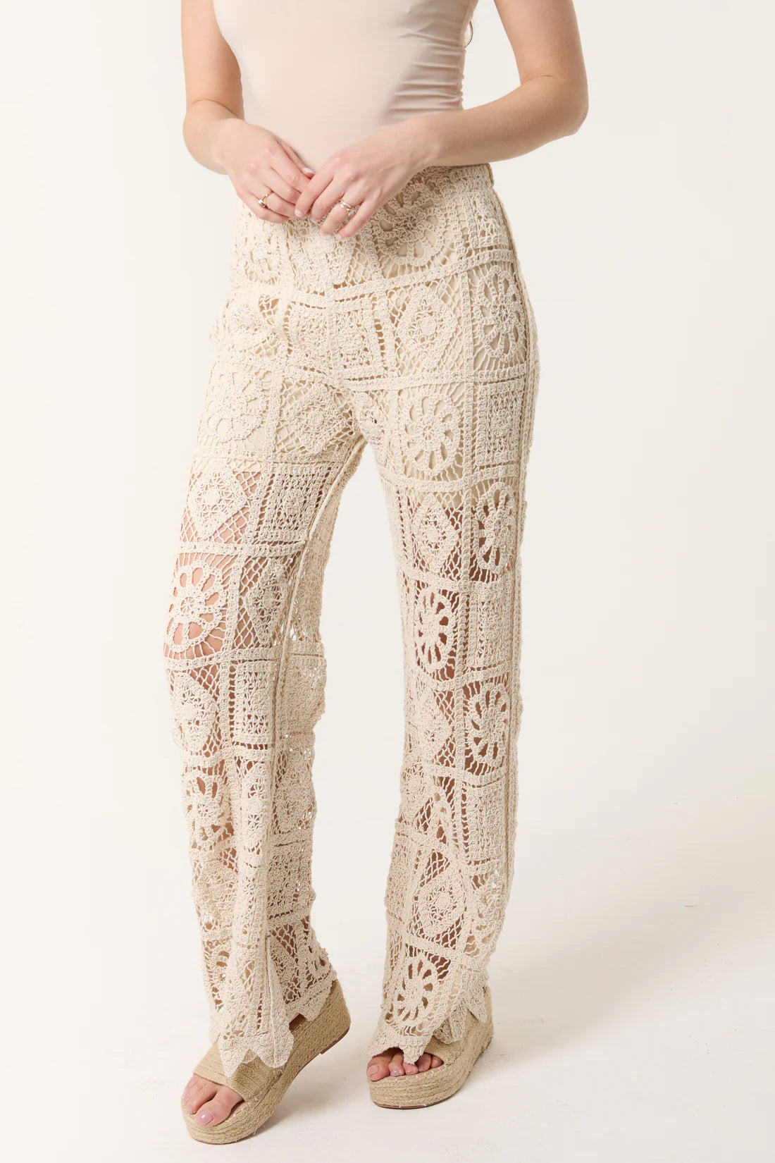 Crochet Knit Trousers in Stone (ONE SIZE)