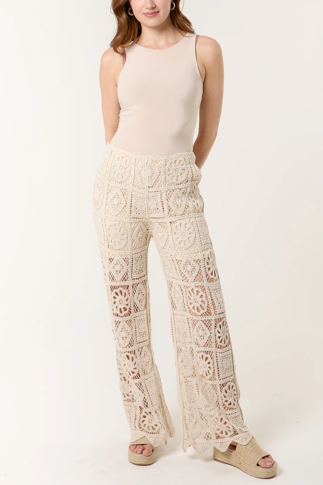 Crochet Knit Trousers in Stone (ONE SIZE)