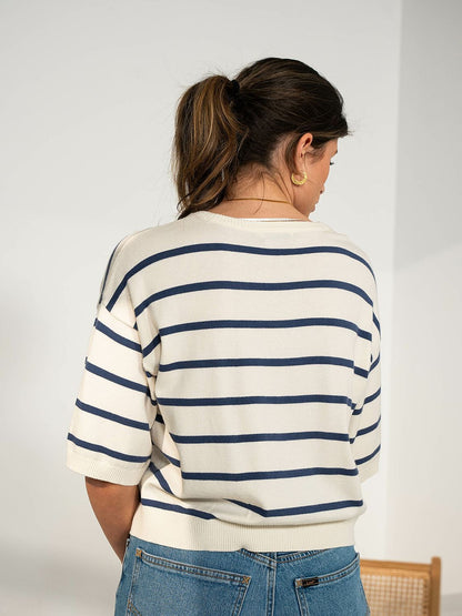 MSCH Geanine 2/4 Sleeve Pullover In Ice And Ocean Stripes