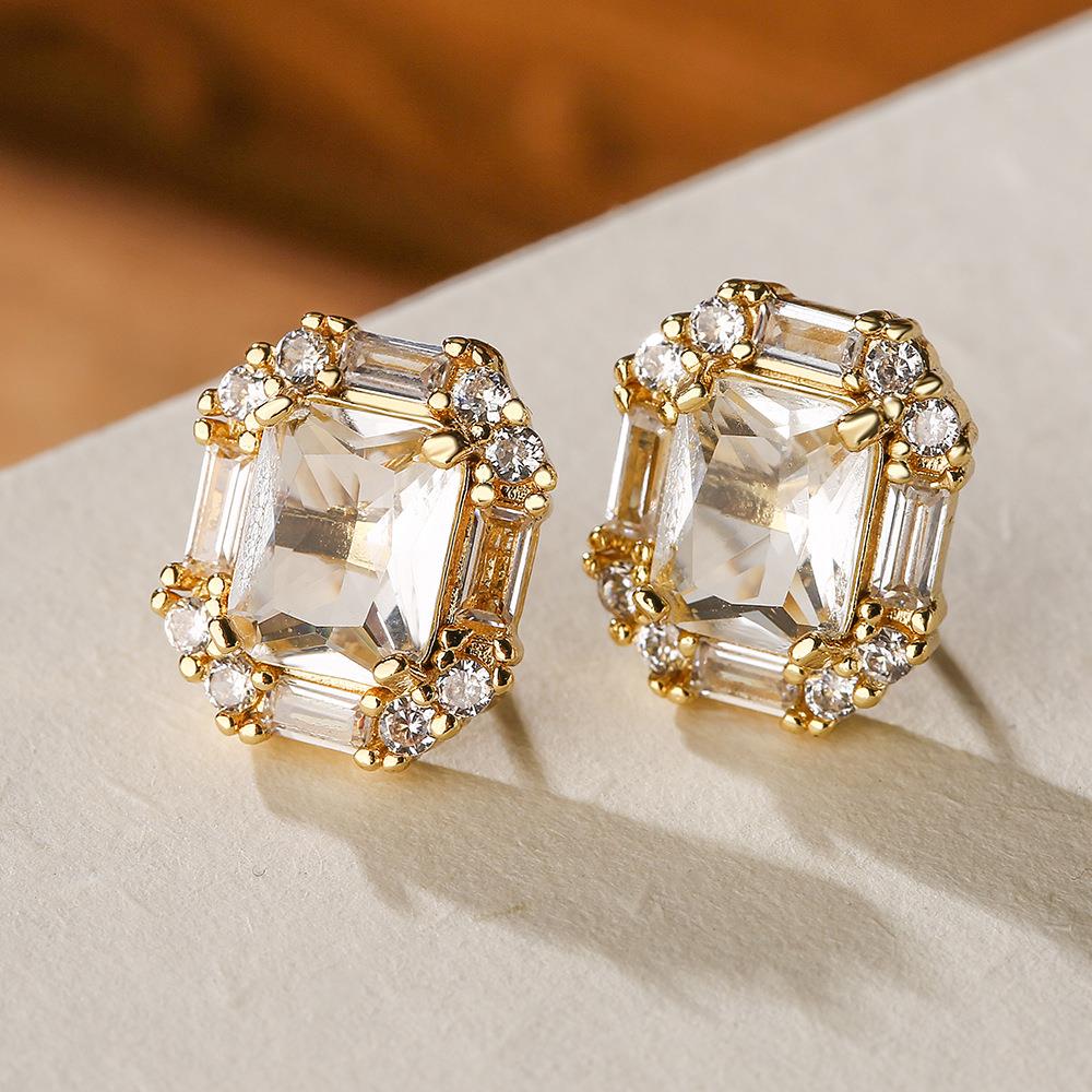 Faceted Rectangle Gem Stud Earrings In Gold And Clear