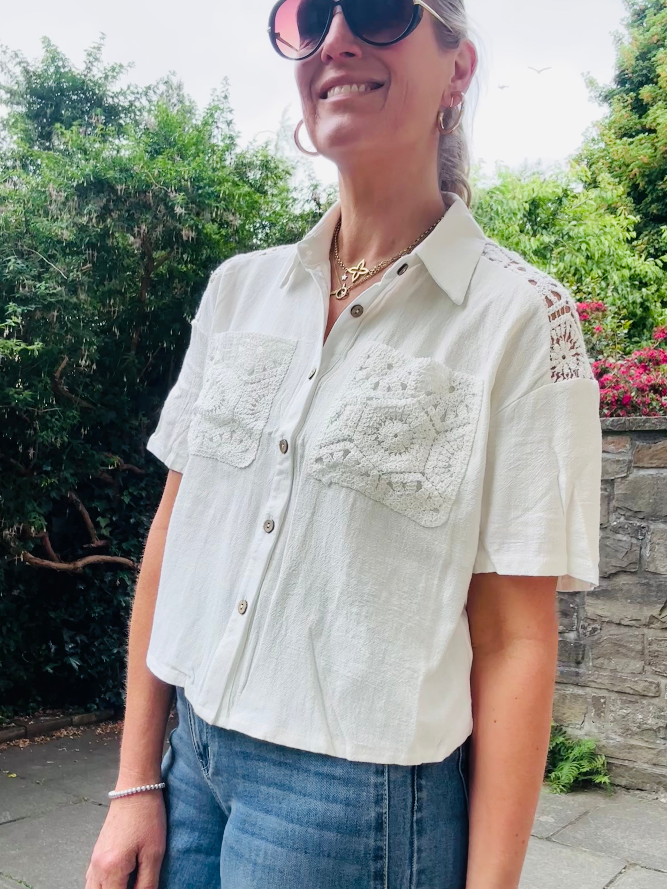 Linen Mix White Shirt with Crochet Detail