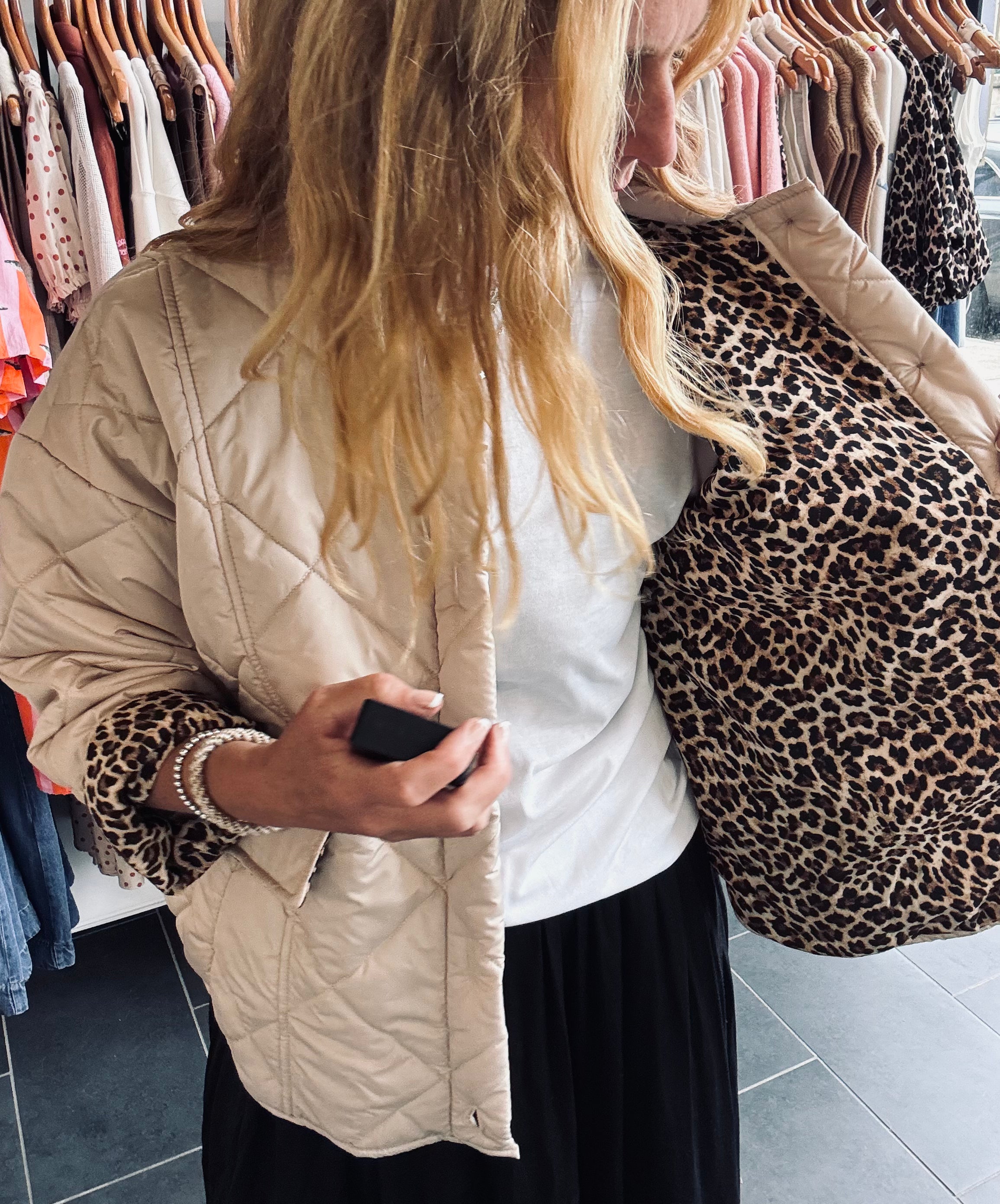 Quilted Cream Jacket with Leopard lining
