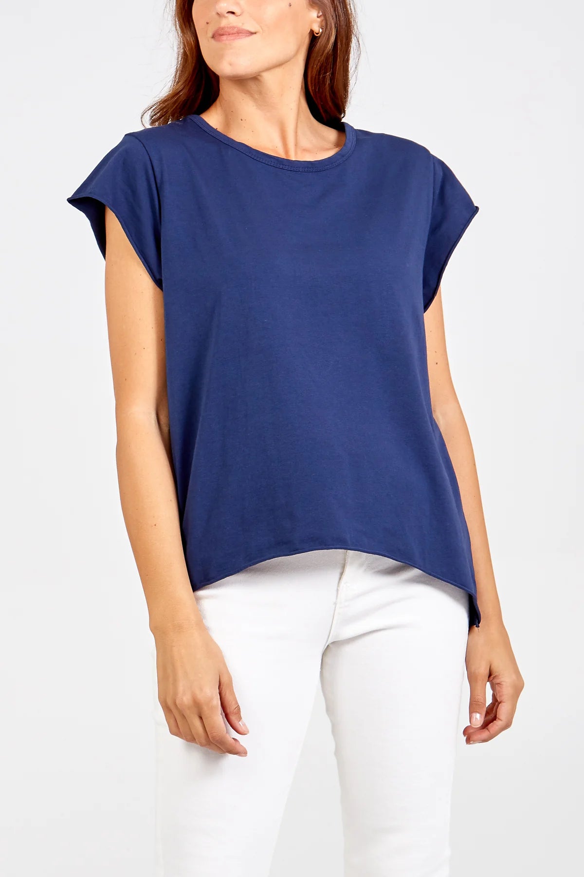 Cap Sleeve High Low Rolled Edge Tee in Blue