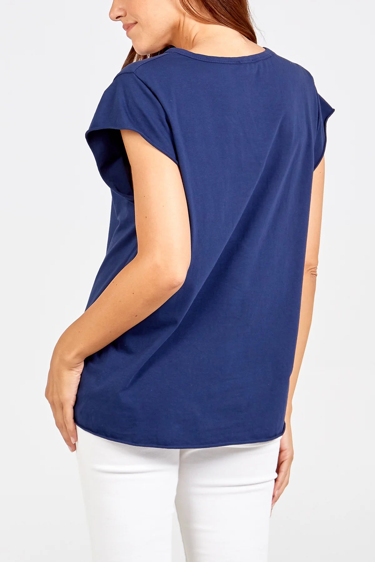 Cap Sleeve High Low Rolled Edge Tee in Blue