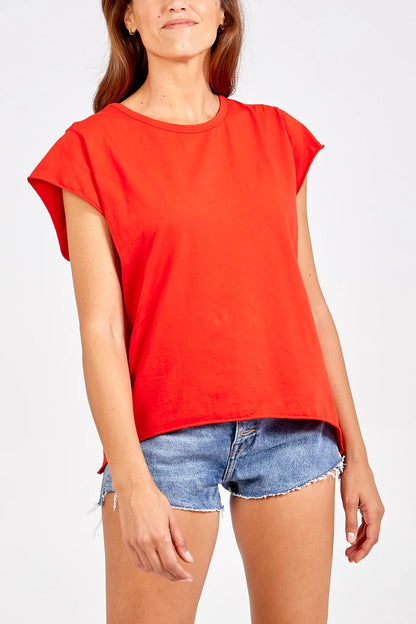 Cap Sleeve High Low Rolled Edge Tee in Red
