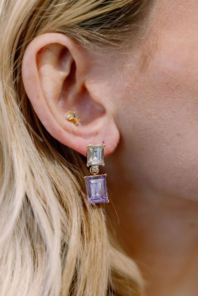 Twin Gem Crystal Earrings in Gold - Lilac and Yellow