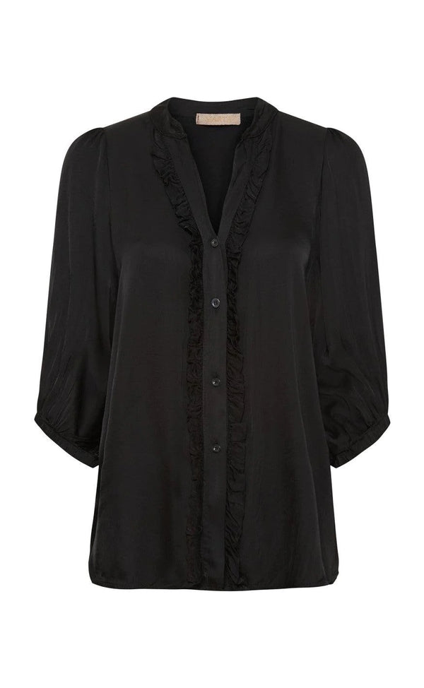 Yasmin Satin Feel Shirt with Ruffle Detail In Black