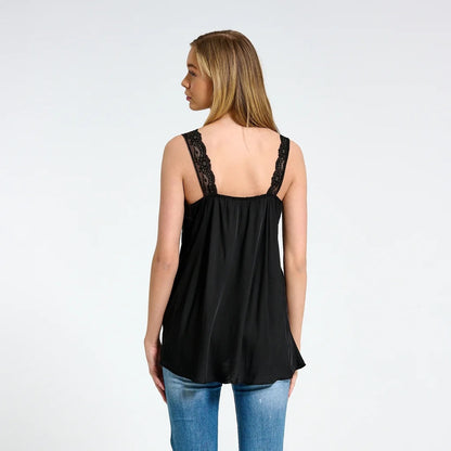 Noor Silk Viscose Longline Vest Top With Lace Neckline In Black