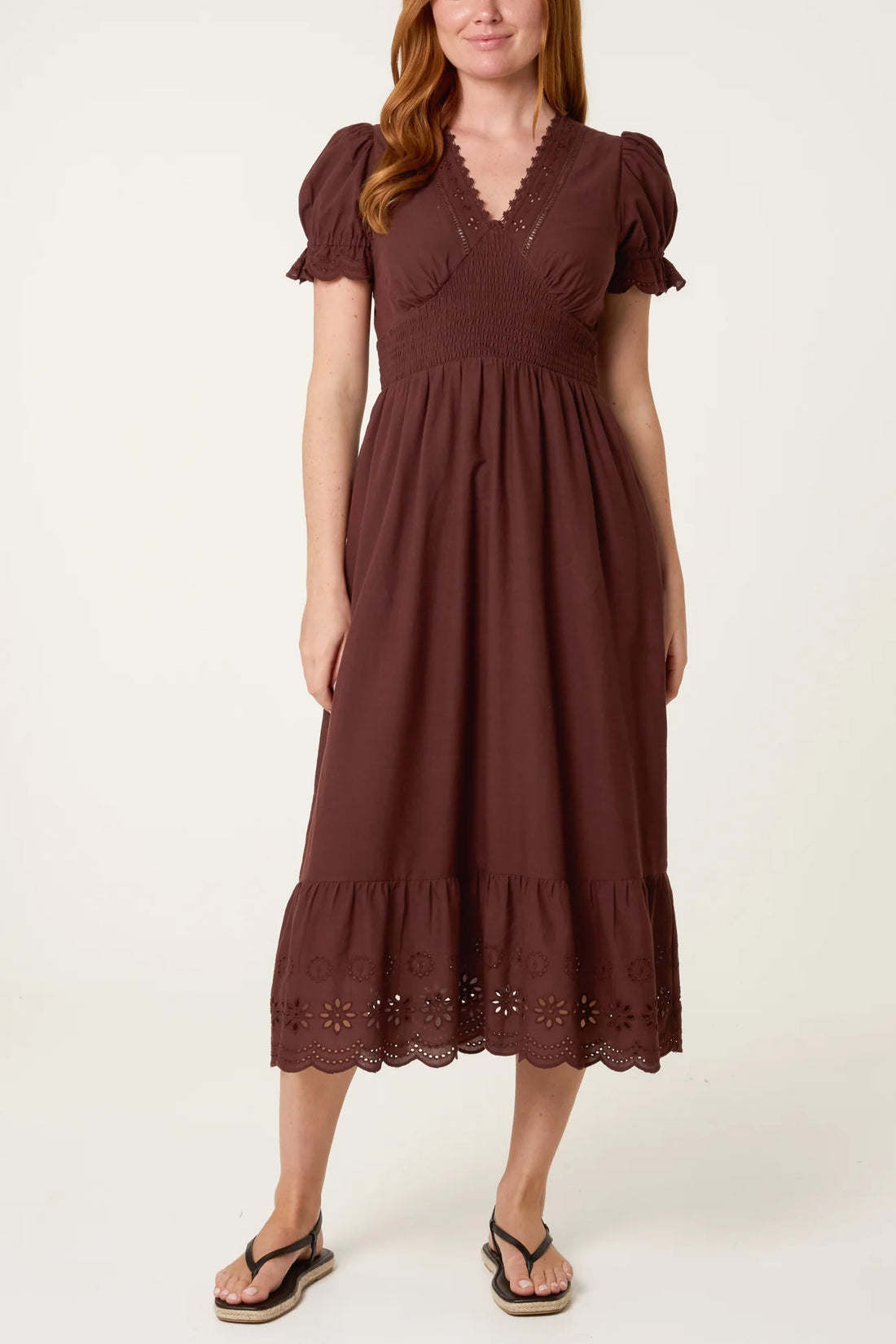Broderie Anglaise Detail V-Neck Midi Dress in Chocolate