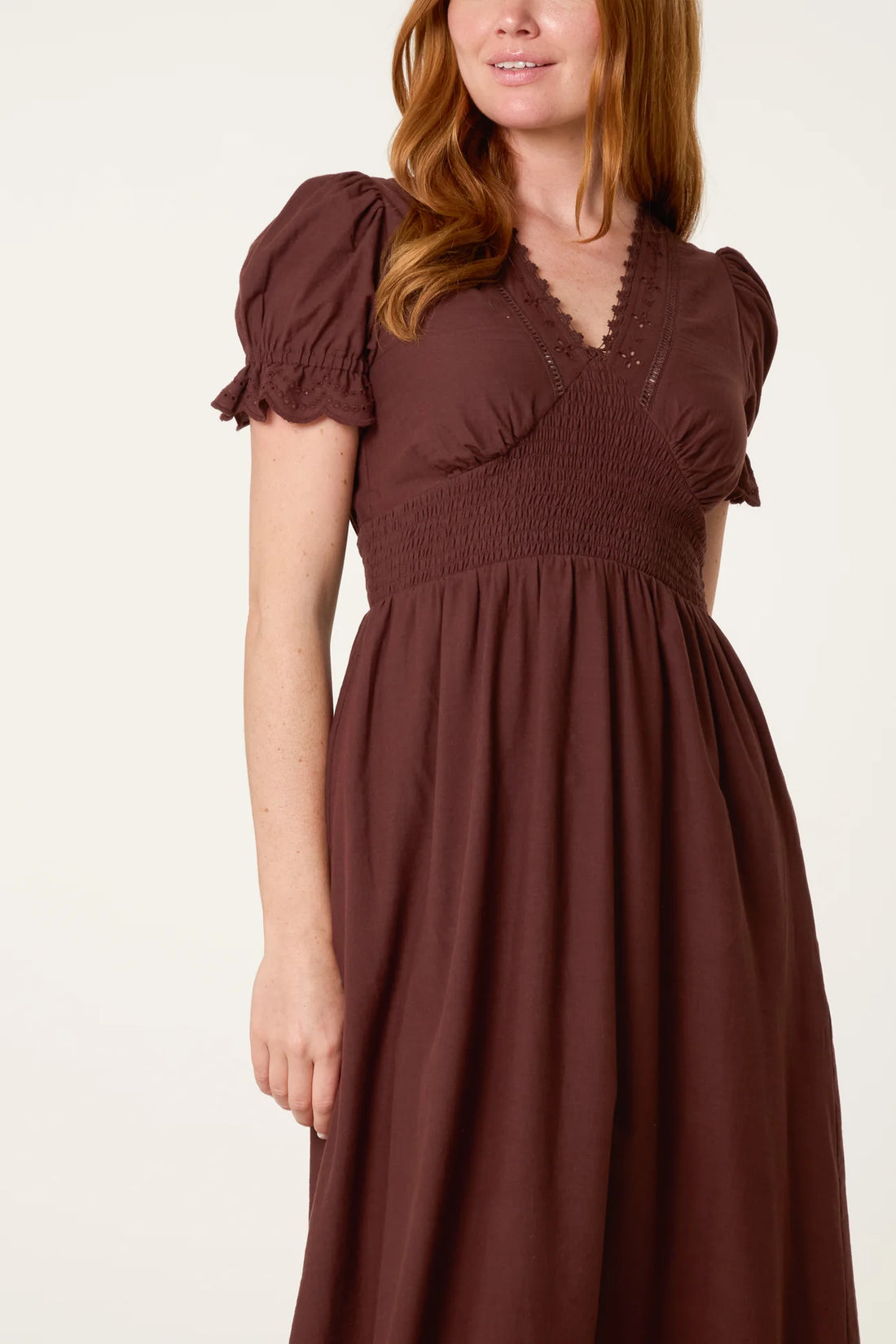 Broderie Anglaise Detail V-Neck Midi Dress in Chocolate