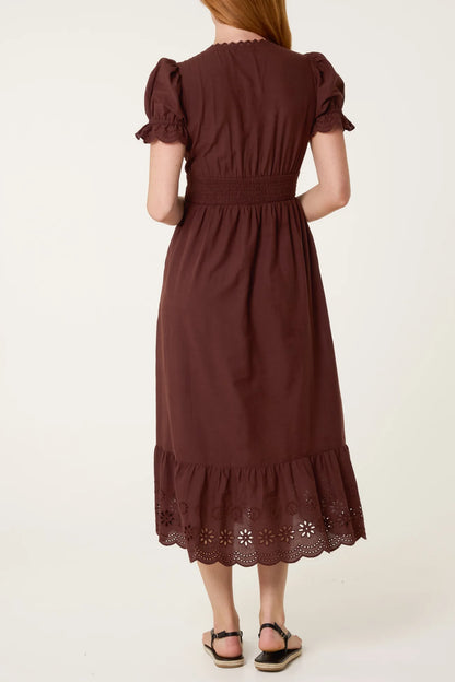 Broderie Anglaise Detail V-Neck Midi Dress in Chocolate