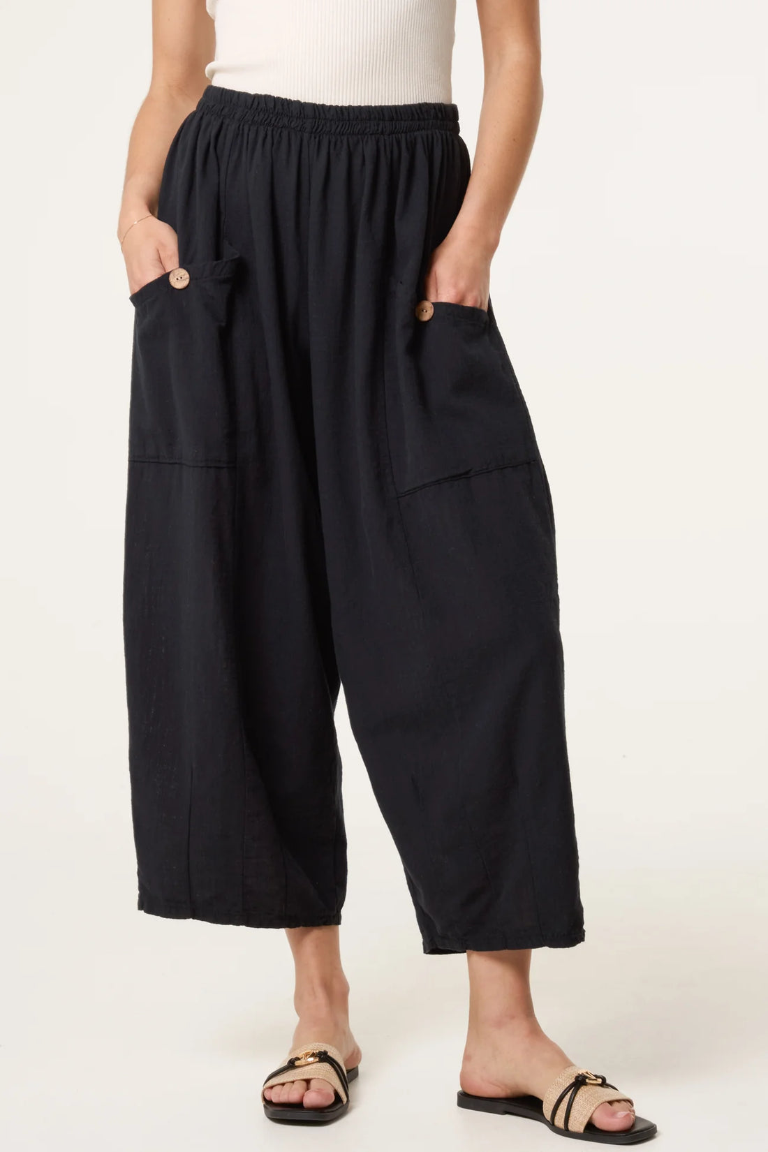 Wide Pocket Front Button Cotton Trouser in Black