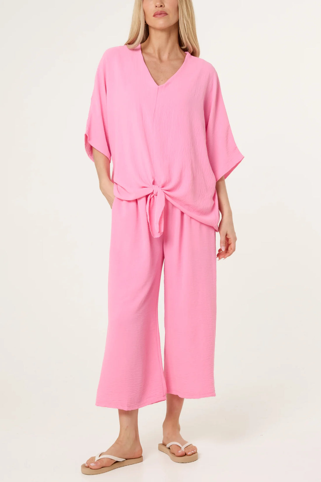 V-Neck Front Knot Top &amp; Trousers Set in Pink