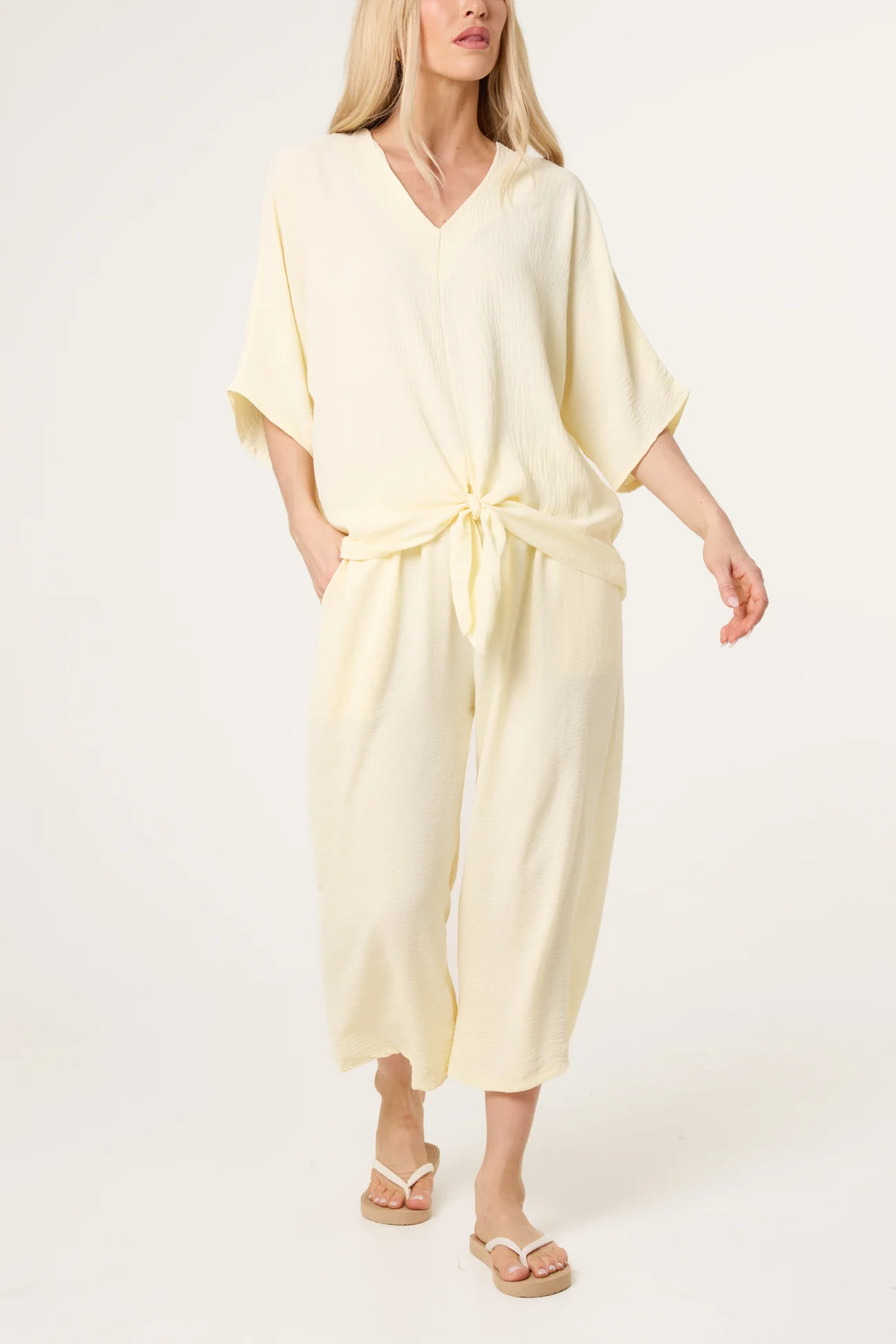 V-Neck Front Knot Top &amp; Trousers Set in Lemon