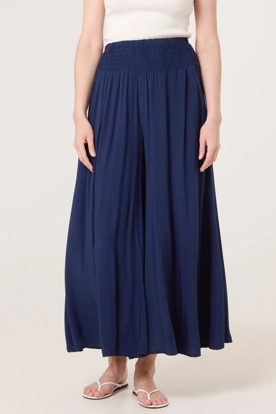 Soft Touch Shirred Waist Wide Leg Trousers Navy