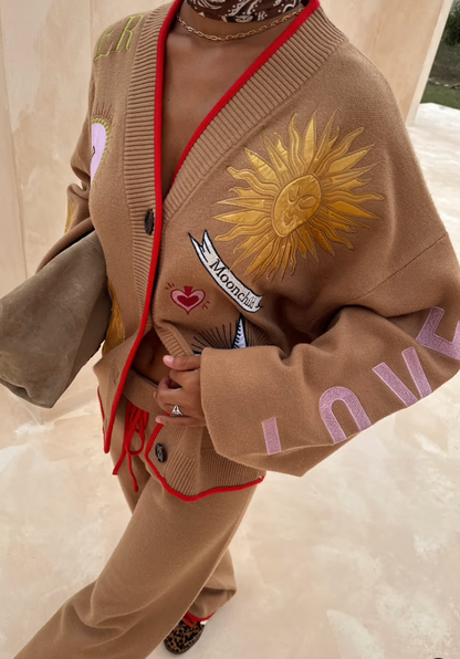 NFD Mystical Cardigan with Jacquard in Camel