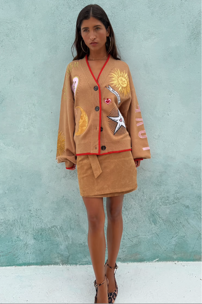 NFD Mystical Cardigan with Jacquard in Camel